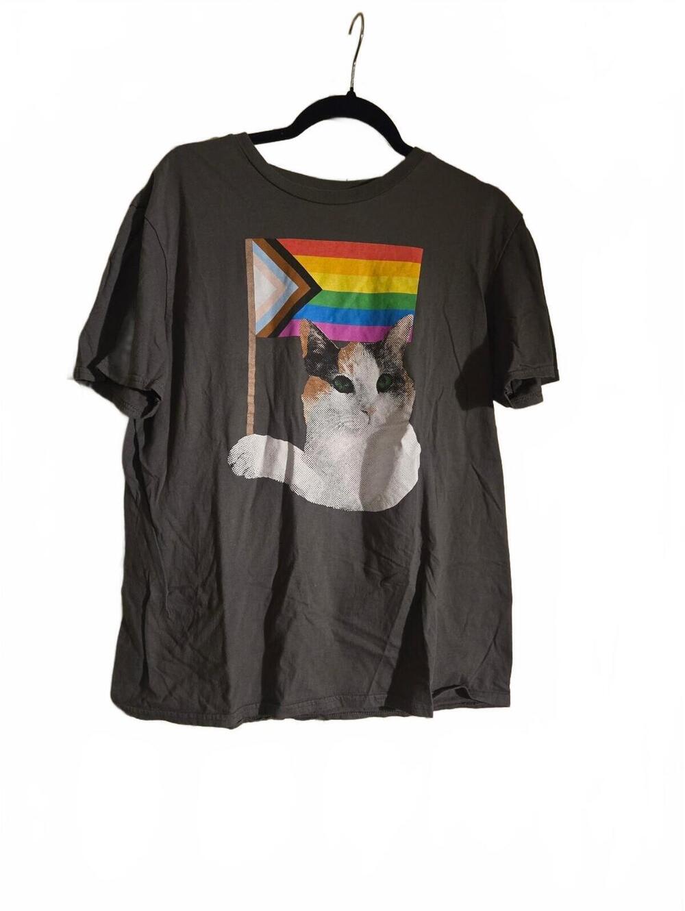 Attic Salt Large Cotton T-Shirt with Cat and Rainbow Flag Print